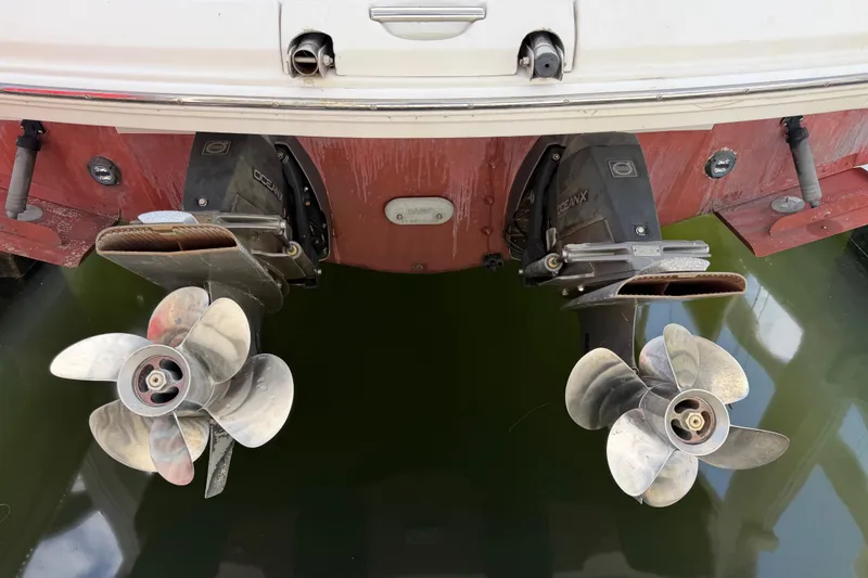 Slide: The Image of 2007 Monterey 350 Sport Yacht stern with dual propellers in water. - 7