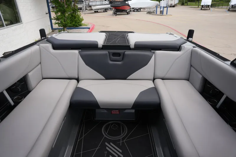 Slide: The Image of Interior of a 2021 ATX 24 Type-S boat with gray upholstery. - 27