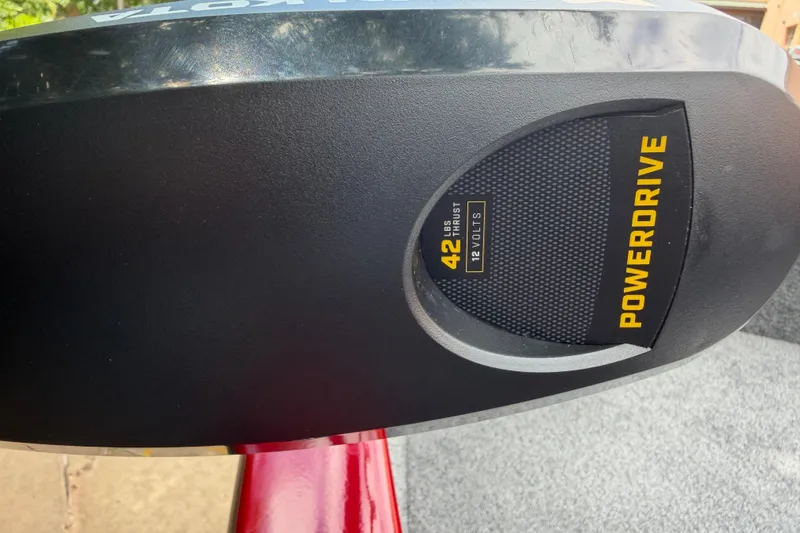 Slide: The Image of PowerDrive motor with 42 lbs thrust, 12 volts, on Tracker Super Guide V-16 SC, 2026 model. - 13