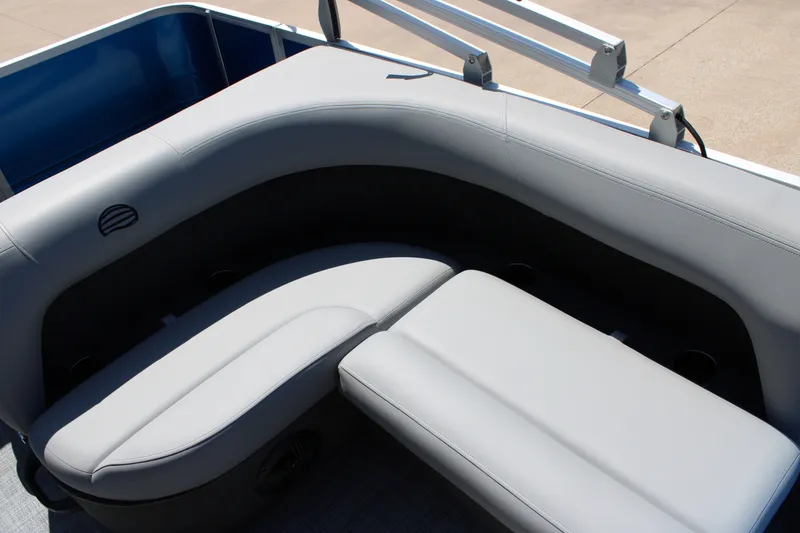 Slide: The Image of 2026 Sun Tracker Party Barge 18 DLX, featuring comfortable gray seating and sleek design. - 13
