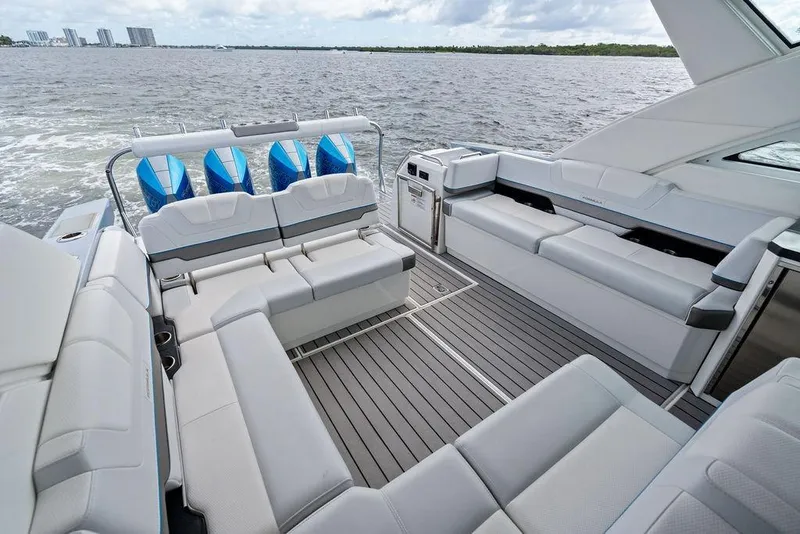 Slide: The Image of Luxurious interior of 2023 Formula 430 Super Sport Crossover boat on open water. - 32