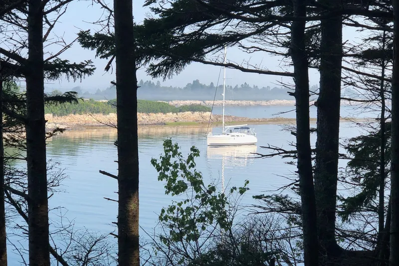 Slide: The Image of Sailboat Hunter 41 Deck Salon 2005 anchored in serene, wooded coastal waters. - 63