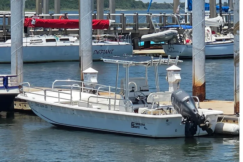The Image of 2011 Carolina Skiff 258 DLV boat docked at marina with outboard motor. - 2