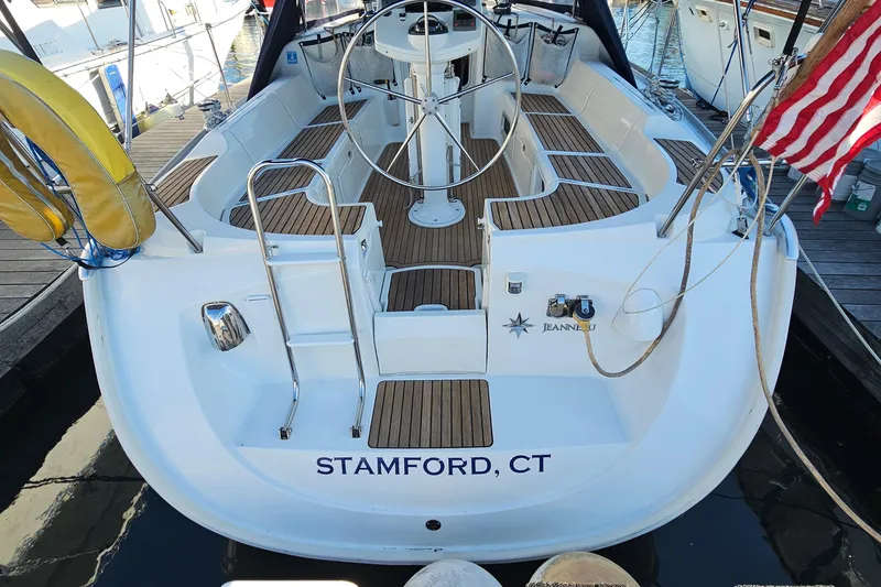 Slide: The Image of 2002 Jeanneau Sun Odyssey 37 sailboat docked in Stamford, CT marina. - 6