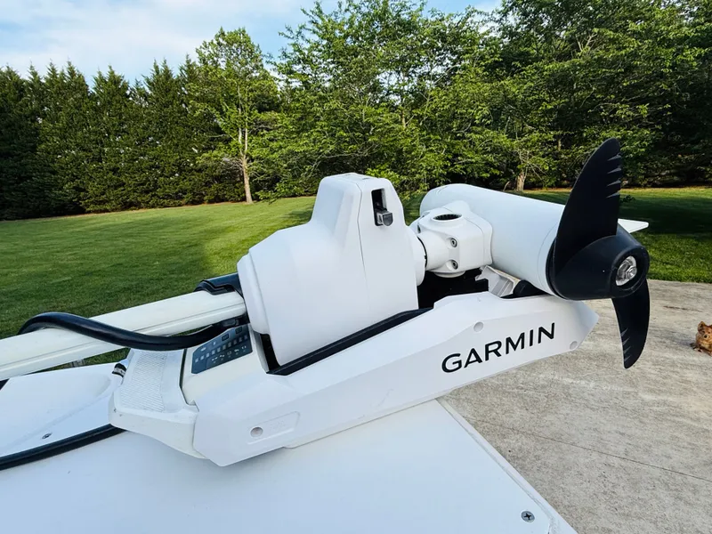 Slide: The Image of Garmin boat motor on Parker 21, 2024 model, outdoors. - 14