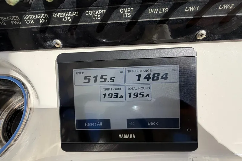 Slide: The Image of Yamaha display on 2022 Pathfinder 2600 HPS showing trip data and fuel usage. - 24