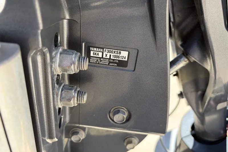 Slide: The Image of Close-up of Yamaha F300XSB engine label on 2022 Pathfinder 2600 HPS boat. - 29