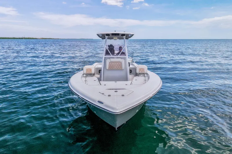 Slide: The Image of 2019 Blue Wave 2800 Pure Hybrid boat on open water, clear sky background. - 1