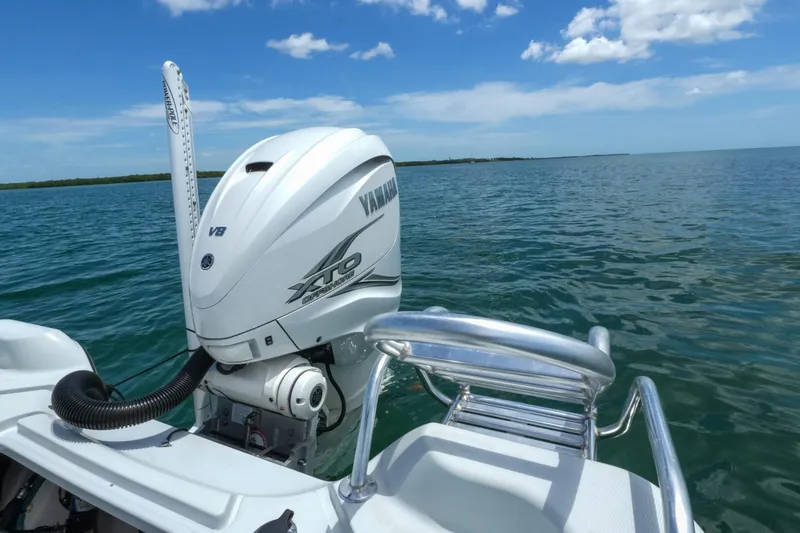 Slide: The Image of 2019 Blue Wave 2800 Pure Hybrid boat with Yamaha XTO V8 engine on open water. - 13