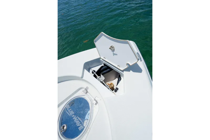 Slide: The Image of 2019 Blue Wave 2800 Pure Hybrid boat deck with open storage compartment on water. - 20