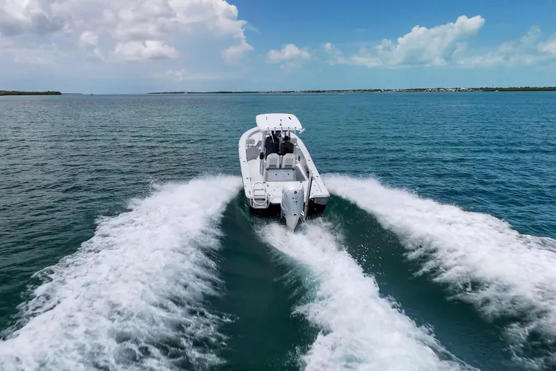 Slide: The Image of 2019 Blue Wave 2800 Pure Hybrid boat cruising on open water under a clear sky. - 8
