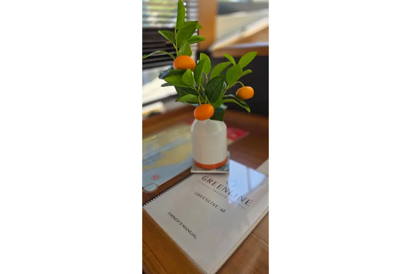 Slide: The Image of Owner's manual for Greenline 40 yacht, 2023, with decorative plant on table. - 26