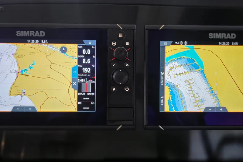 Slide: The Image of Simrad navigation display on 2023 Greenline 40 yacht, showing nautical charts and data. - 30