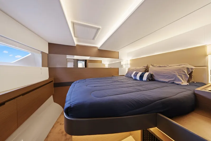 Slide: The Image of Luxurious bedroom interior of 2025 Leopard 53 Powercat yacht with modern design elements. - 27