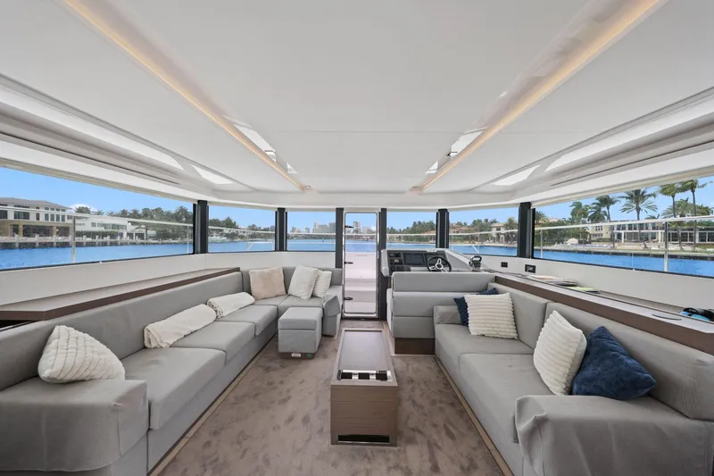 Slide: The Image of Luxurious interior of 2025 Leopard 53 Powercat yacht with spacious seating and panoramic windows. - 54