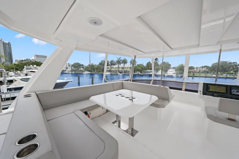 Slide: The Image of Interior of 2025 Leopard 53 Powercat yacht with modern seating and waterfront view. - 71