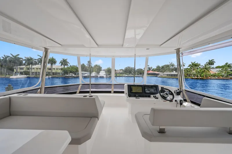 Slide: The Image of Interior view of 2025 Leopard 53 Powercat yacht, featuring modern helm and panoramic windows. - 72