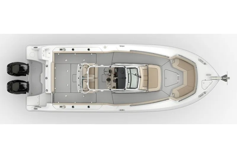 Slide: The Image of Manufacturer Provided Image: Top view of 2025 Boston Whaler 250 Outrage boat with dual engines. - 21