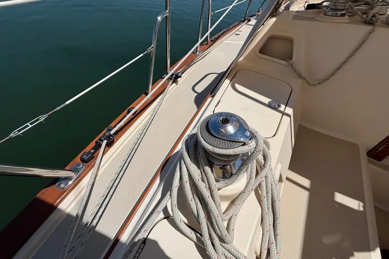 Slide: The Image of Island Packet 370 sailboat deck with winch and ropes, 2015 model. - 19
