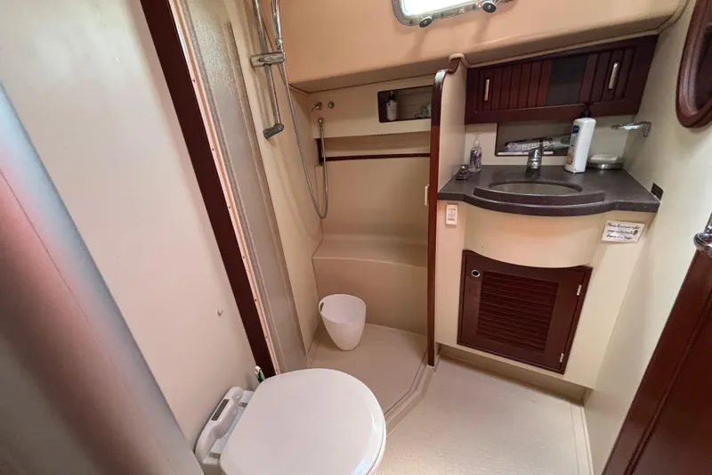 Slide: The Image of Interior of 2015 Island Packet 370 yacht bathroom with shower, sink, and toilet. - 33