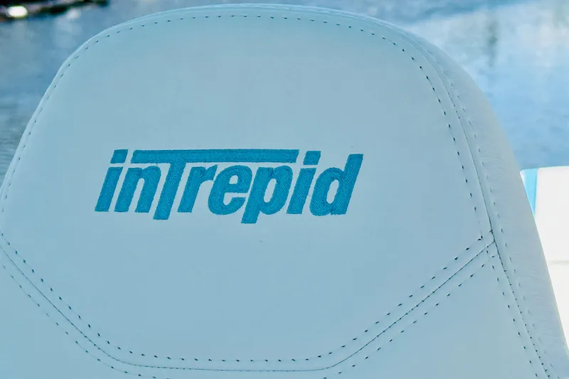 Slide: The Image of Close-up of Intrepid 377 boat seat with logo, 2003 model. - 53