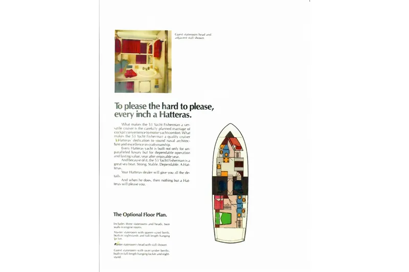 Slide: The Image of 1978 Hatteras 53 Yacht Fisherman brochure with floor plan and interior design details. - 86