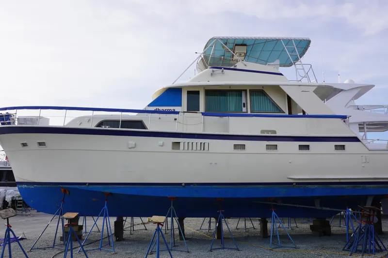 Slide: The Image of 1978 Hatteras 53 Yacht Fisherman on stands, showcasing classic design and structure. - 91