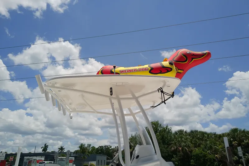 Slide: The Image of 2025 Glasstream 240 CCX with inflatable "Weiner Dog" on top against a cloudy sky. - 43