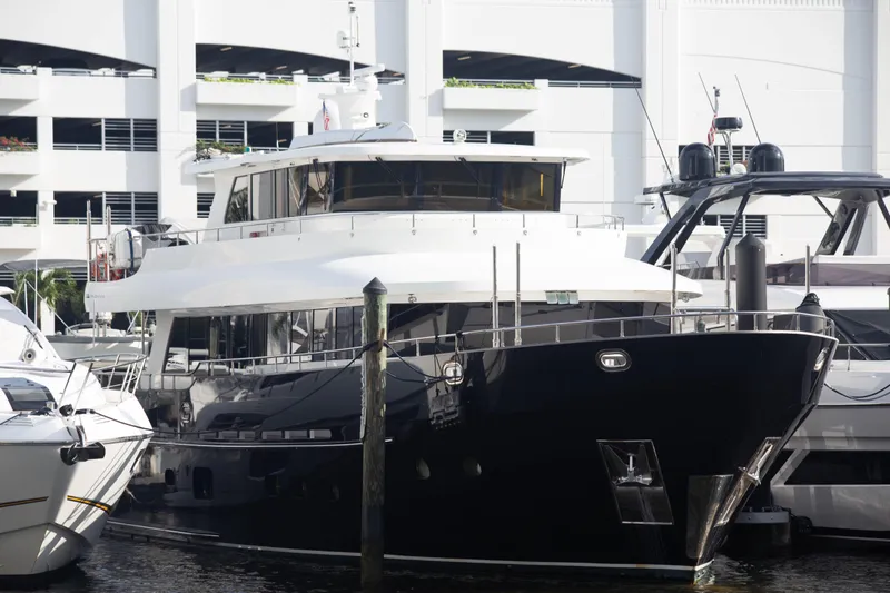 Slide: The Image of Luxurious 2014 Fifth Ocean Yachts 24m Displacement Explorer Yacht docked at marina. - 5