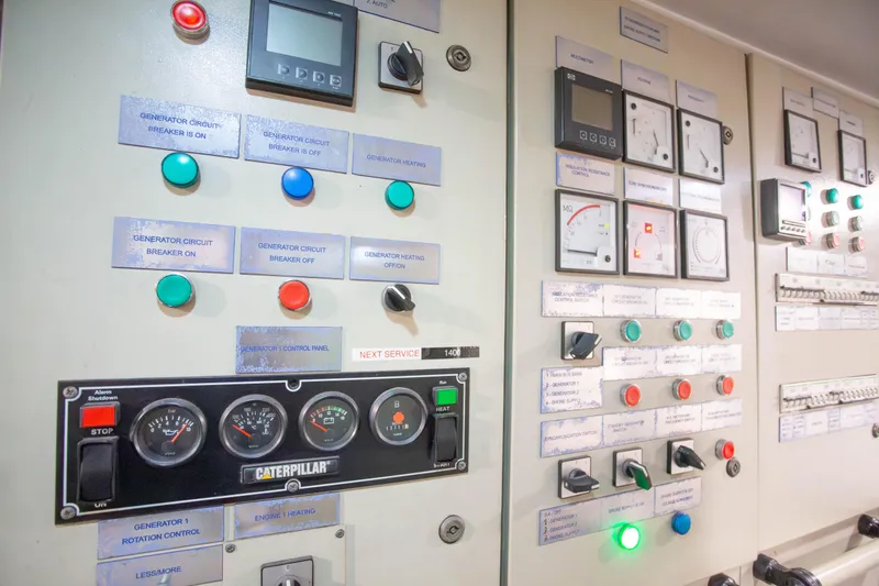Slide: The Image of Control panel of 2014 Fifth Ocean Yachts 24m Displacement Explorer Yacht, featuring gauges and switches. - 73