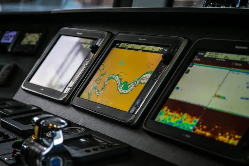 Slide: The Image of Control panel of 2014 Fifth Ocean Yachts 24m Explorer Yacht with navigation screens. - 86