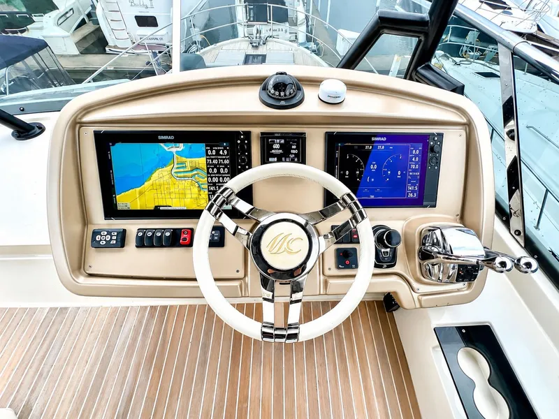 Slide: The Image of Monte Carlo MC6 yacht helm, 2019 model, featuring advanced navigation systems. - 25