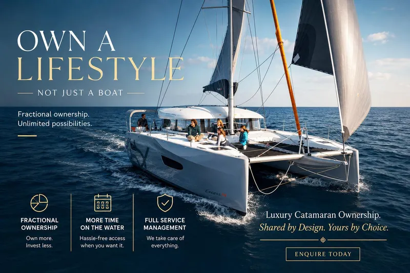 The Image of Luxury Excess 14 catamaran sailing on open sea, promoting fractional ownership and lifestyle. - 0