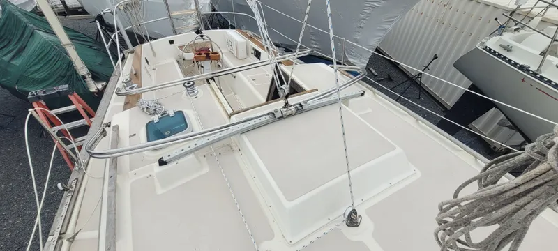 Slide: The Image of 1987 Island Packet 31 sailboat on dry dock. - 42