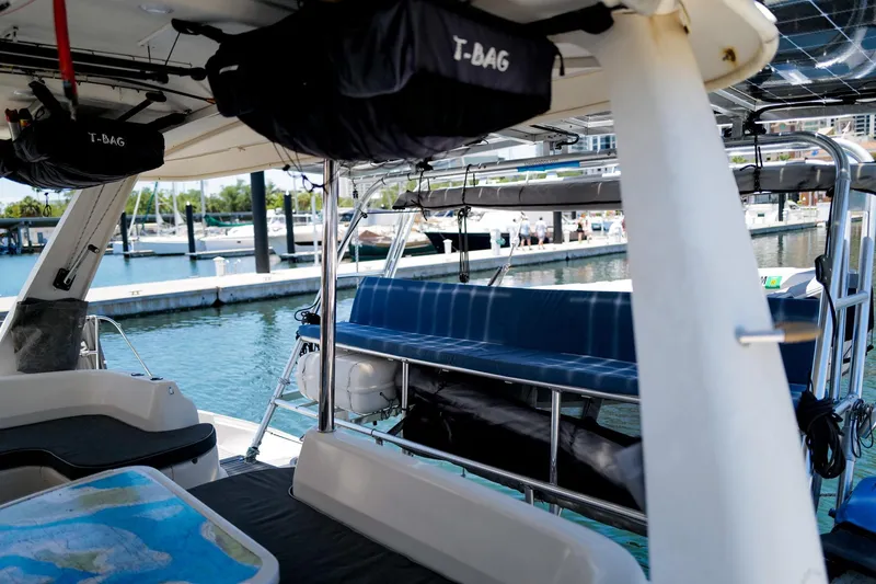 Slide: The Image of Interior view of a 2006 Leopard 43 catamaran docked at a marina. - 10