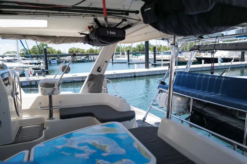 Slide: The Image of Interior view of a 2006 Leopard 43 yacht docked at a marina. - 11
