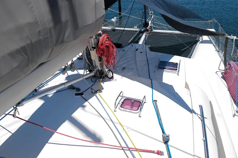Slide: The Image of Sailing catamaran deck with ropes and hatches, Leopard 43 model, 2006. - 17