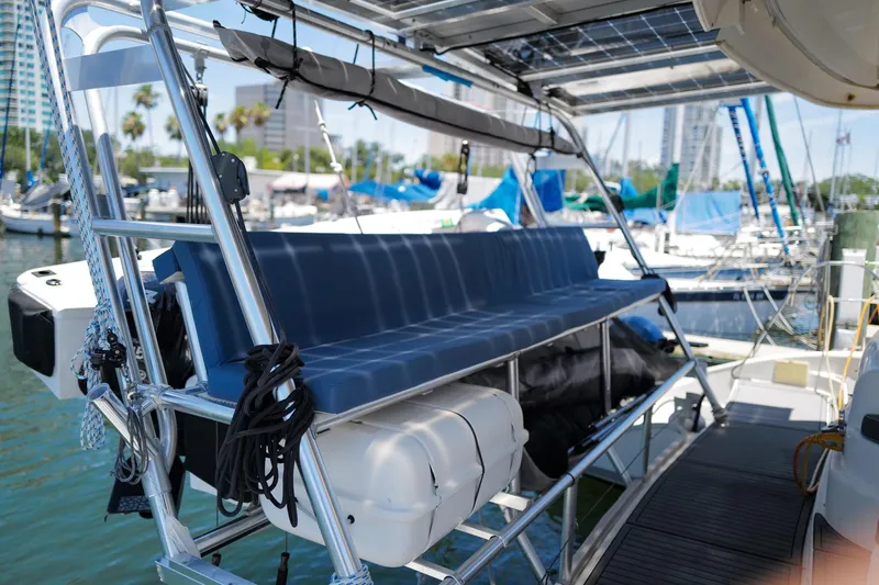 Slide: The Image of Leopard 43 catamaran deck with seating, docked at marina, 2006 model. - 18