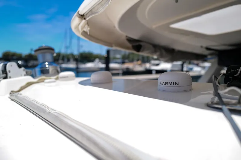 Slide: The Image of Leopard 43 yacht deck with Garmin equipment, 2006 model, docked at marina. - 81