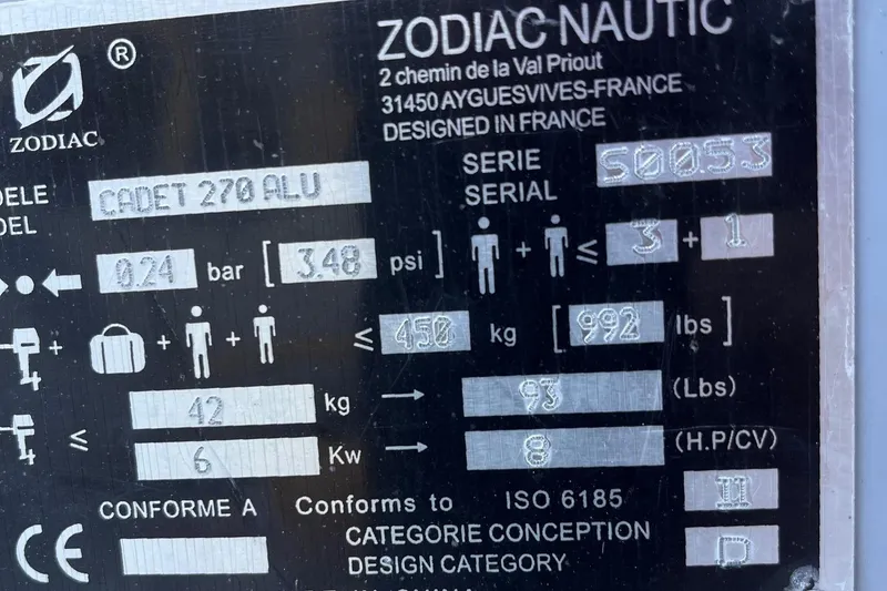 Slide: The Image of Label of Zodiac Nautic Cadet 270 ALU, showing specifications and compliance details. - 12