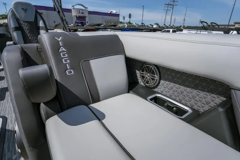 Slide: The Image of Luxurious interior of 2026 Viaggio Z24U boat with sleek seating and speaker system. - 12