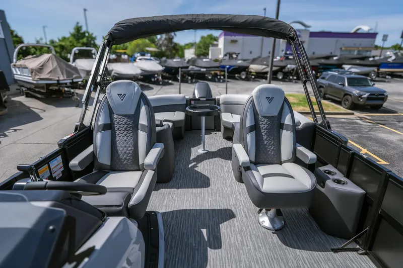 Slide: The Image of Luxurious 2026 Viaggio Z24U pontoon boat interior with plush seating and modern design. - 13