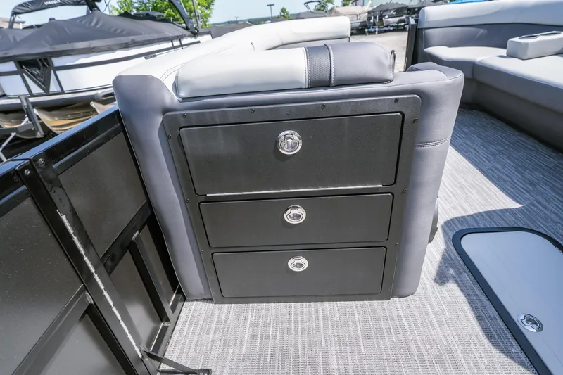 Slide: The Image of Viaggio Z24U 2026 boat interior with storage drawers and seating, showcasing modern design. - 16