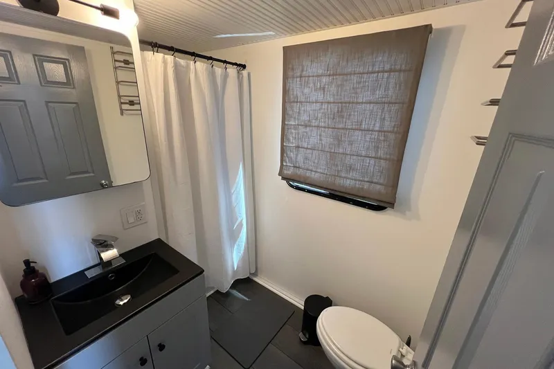 Slide: The Image of Modern bathroom in a 2019 Catamaran Cruisers houseboat with sink, toilet, and shower curtain. - 9