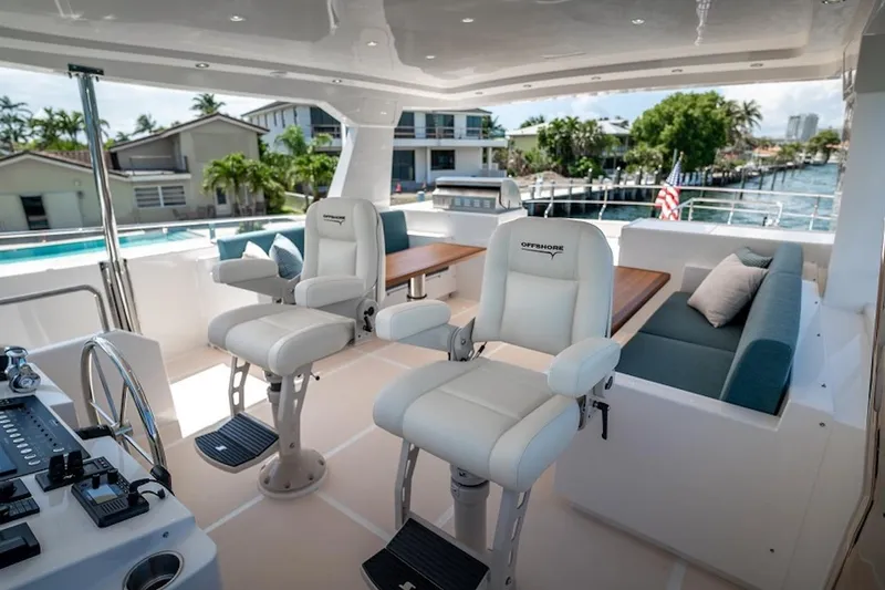 Slide: The Image of Luxurious interior of 2027 Offshore Yachts 70 CE, featuring plush seating and modern controls. - 10