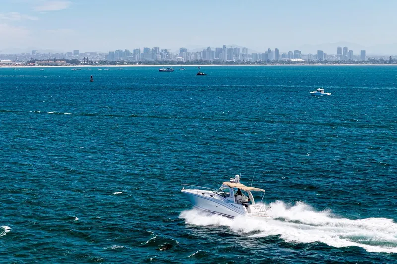 Slide: The Image of 2004 Sea Ray 340 Sundancer cruising on ocean with city skyline in background. - 52