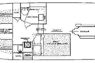 Slide: The Image of Floor plan of a 2000 Albin 28 Tournament Express boat, showcasing layout and engine placement. - 48