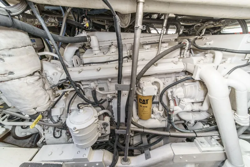 Slide: The Image of Engine room of a 1990 Seaton Long Range Cruiser with visible CAT filter. - 30