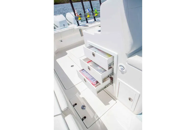 Slide: The Image of Manufacturer Provided Image: 2019 Concept 392 ProFish boat with open storage drawers on deck. - 10
