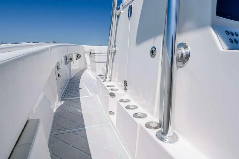 Slide: The Image of 2019 Concept 392 ProFish boat deck with sleek white design and stainless steel accents. - 50